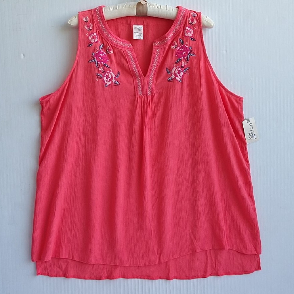 Woman's Embroidered Tank Tunic 1X 16W-18W Coral